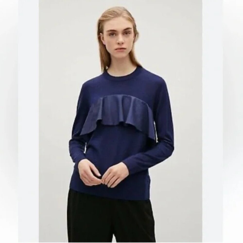 COS Navy Blue Frilly Ruffle 100% Wool Crew Neck Sweater XS